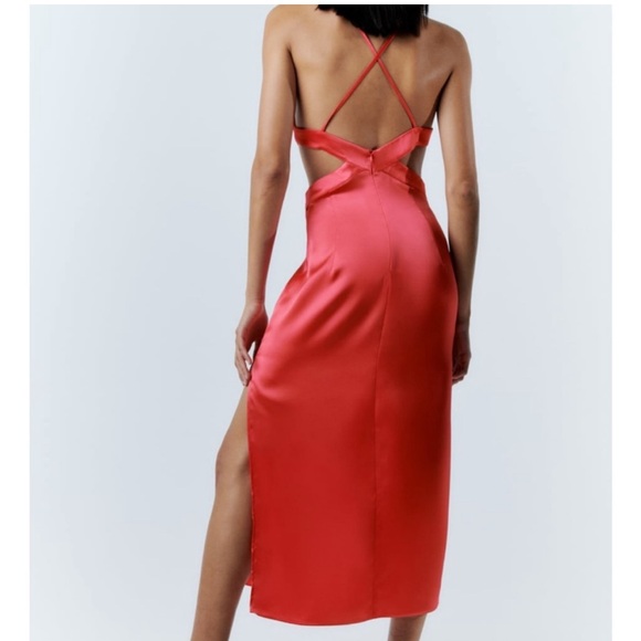 NWT. Zara Coral Pink Satin Effect Cut Out V-neck Midi Dress. Size XS. - Picture 7 of 12